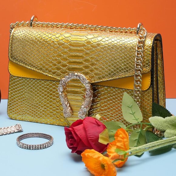 ⚡ Women's Yellow Snake Vegan Leather Print Casual Satchel Crossbody Handbag - Picture 1 of 7